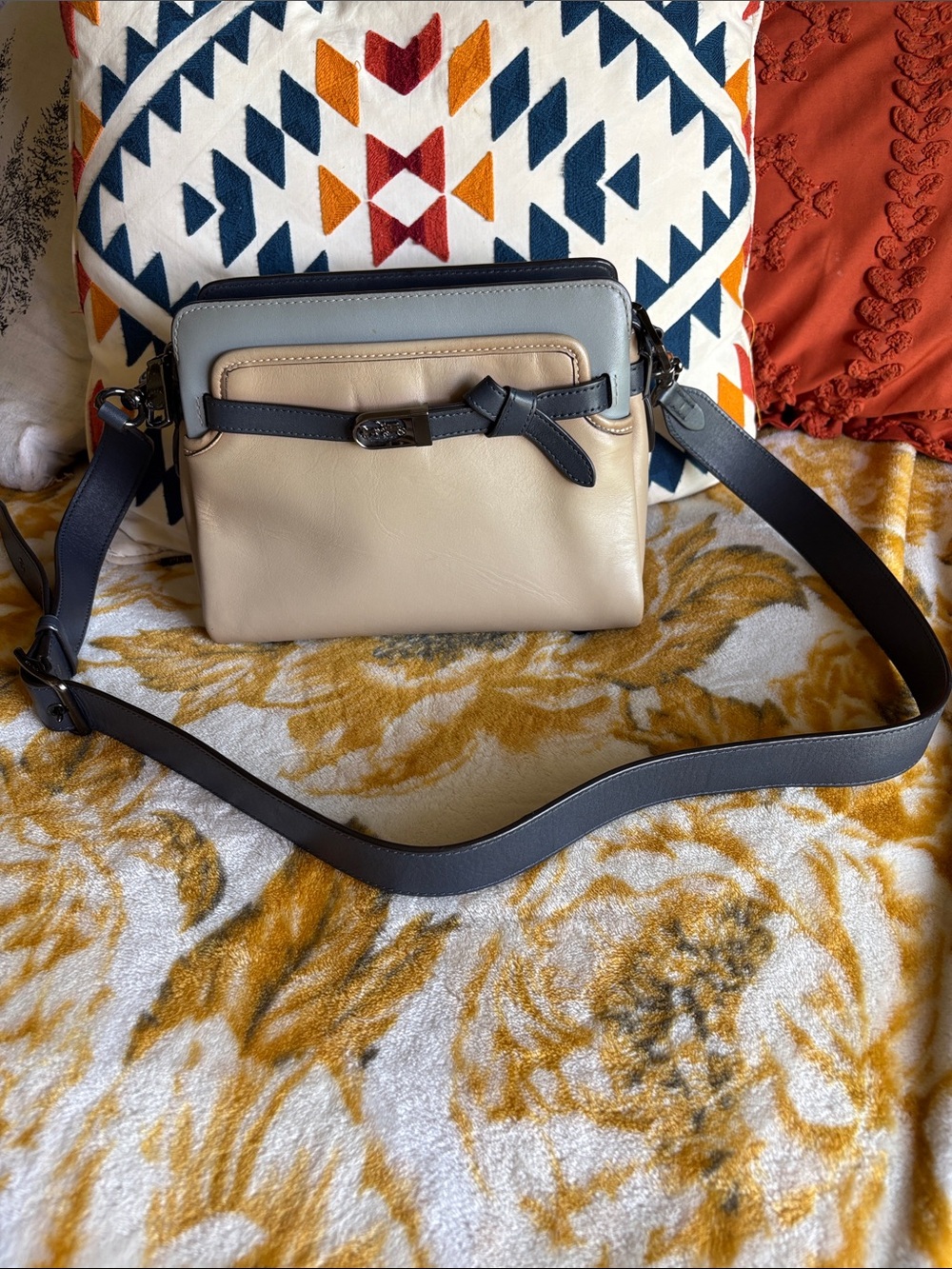 Coach Tate Beige, Navy and Gray Leather Crossbody